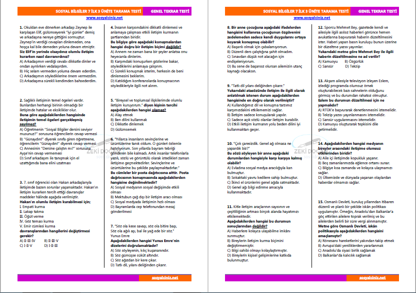 Sosyal Bilgiler 7 İlk 3 Ünite Genel Tarama Testi-1