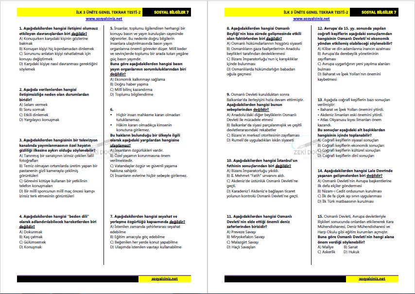 Sosyal Bilgiler 7 İlk 3 Ünite Genel Tarama Testi-2