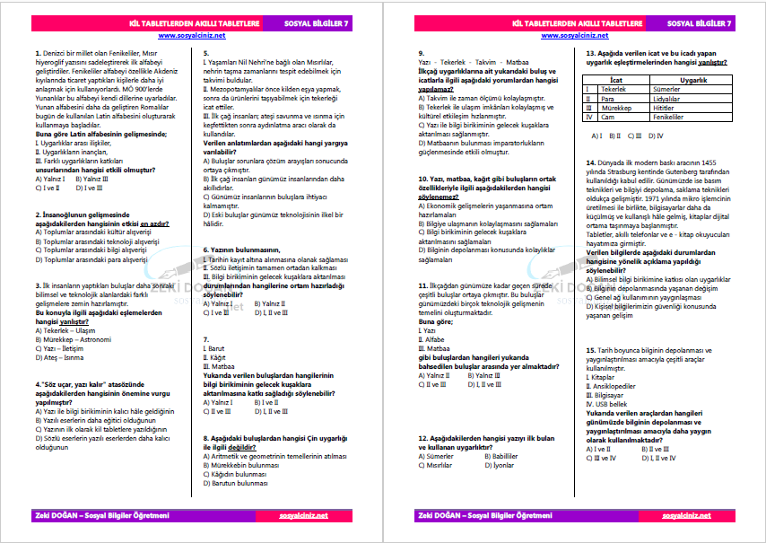 Sosyal Bilgiler 7 Kil Tabletlerden Akıllı Tabletlere Kazanım Testi