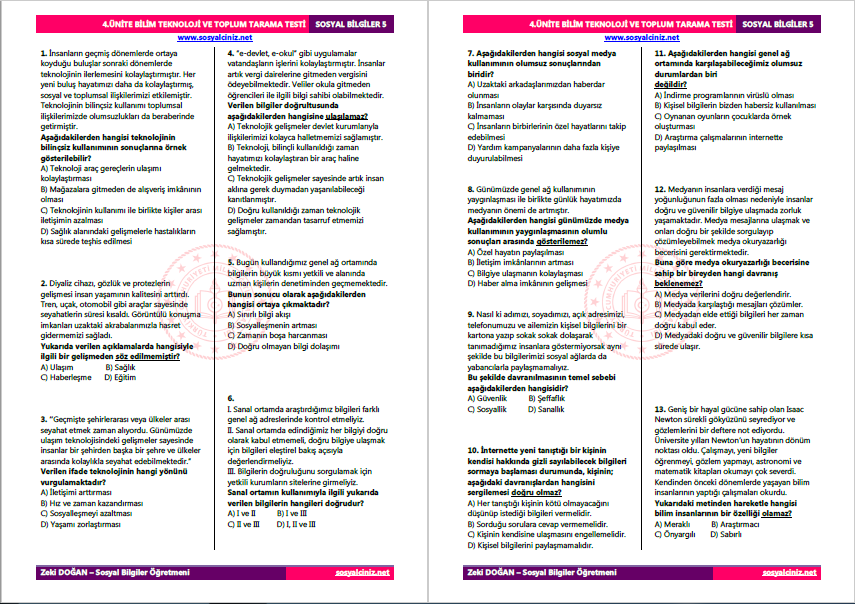 Sosyal Bilgiler 5 4.Ünite Tarama Testi