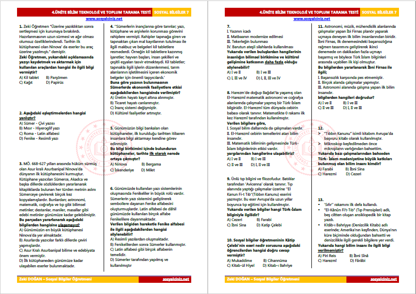 Sosyal Bilgiler 7 4.Ünite Tarama Testi