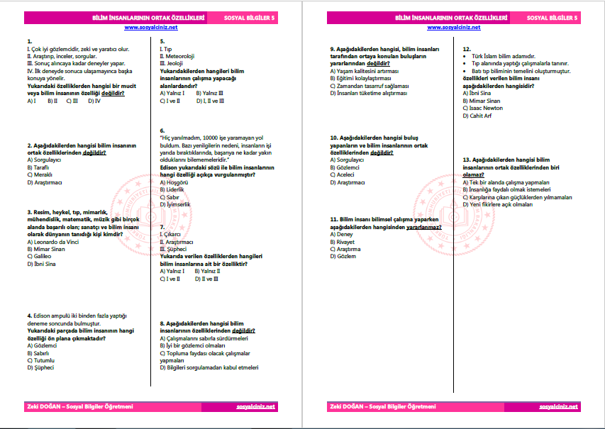 Bilim İnsanları ve Özellikleri Testi
