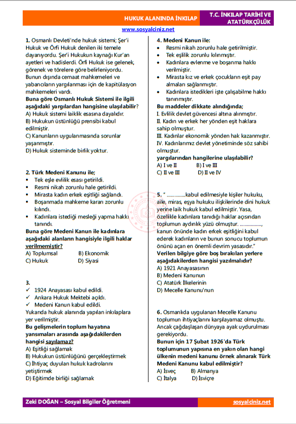 Hukuk Alanında İnkılaplar Test-2