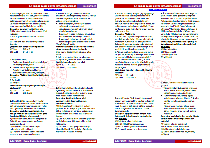 T.C. İnkılap Tarihi 4.Ünite MEB Örnek Sorular