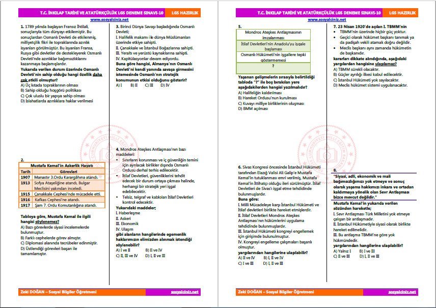 T.C. İnkılap Tarihi LGS Deneme Sınavı-10