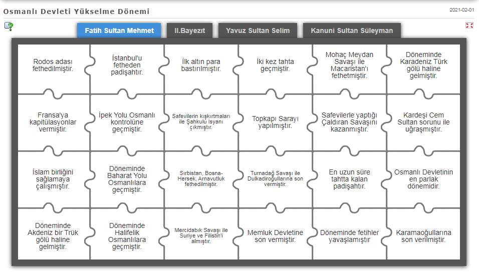 Osmanlı Devleti Yükselme Dönemi Yapboz Etkinliği