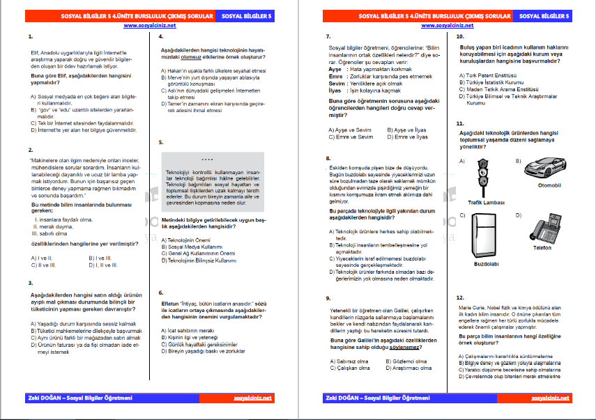 Sosyal Bilgiler 5 4.Ünite Bursluluk Çıkmış Sorular