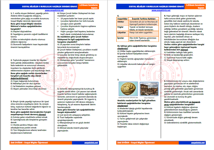Sosyal Bilgiler 5 Bursluluk Hazırlık Deneme Sınavı