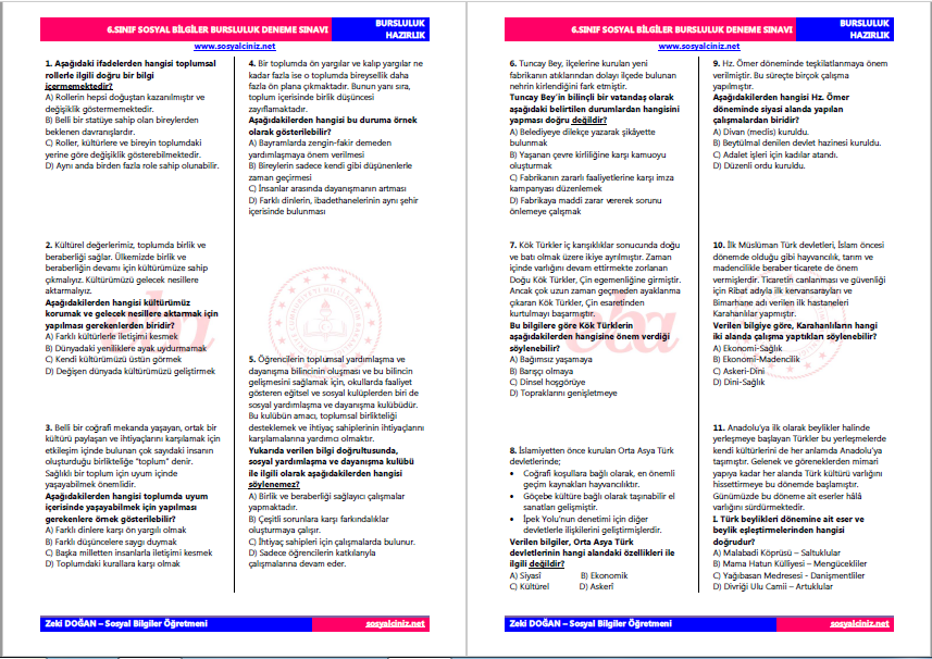 Sosyal Bilgiler 6 Bursluluk Hazırlık Deneme Sınavı-2