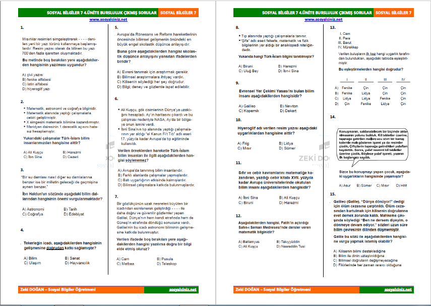 Sosyal Bilgiler 7 4.Ünite Bursluluk Çıkmış Sorular