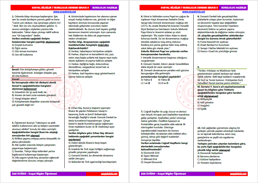 Sosyal Bilgiler 7 Bursluluk Deneme Sınavı-3