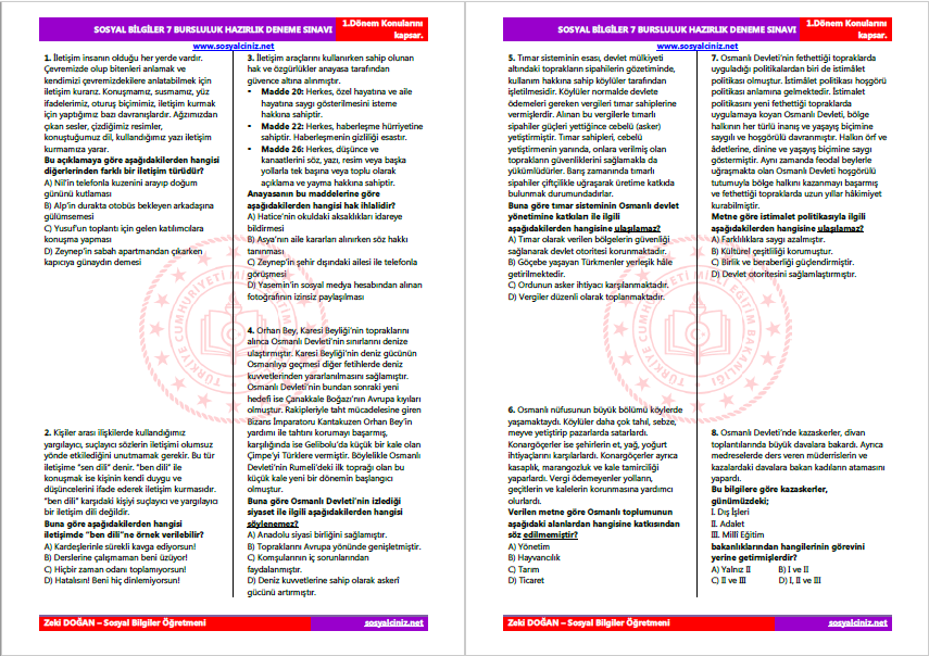 Sosyal Bilgiler 7 Bursluluk Hazırlık Deneme Sınavı