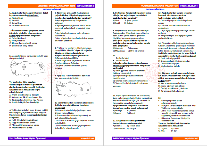 Ülkemizin Kaynakları Testi