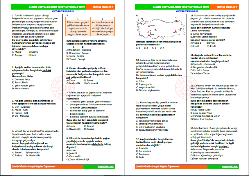 5. Sınıf Sosyal Bilgiler 5. Ünite Tarama Testi