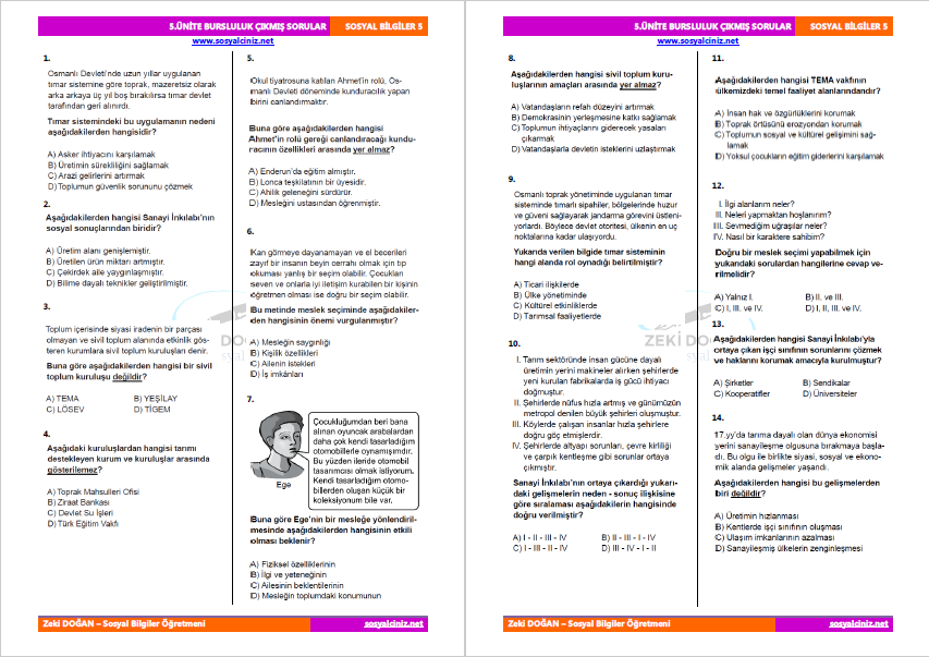 7. Sınıf Sosyal Bilgiler 5. Ünite Bursluluk Çıkmış Sorular