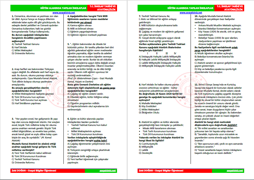 Eğitim ve Kültür Alanında İnkılap Test-2