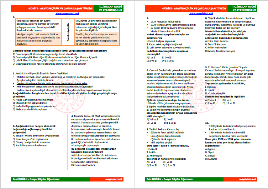 T.C. İnkılap Tarihi TEGM 4.Ünite Soruları