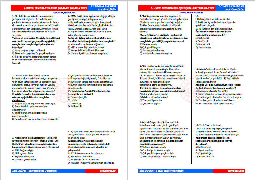 Demokratikleşme Çabaları Ünite Tarama Testi