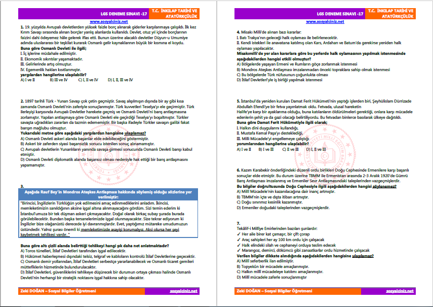 T. C. İnkılap Tarihi LGS Deneme Sınavı-17