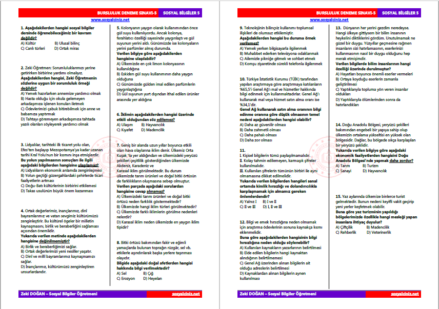 Sosyal Bilgiler 5 Bursluluk Deneme Sınavı-5