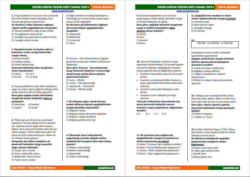 Üretim Dağıtım Tüketim Ünite Tarama Testi-3