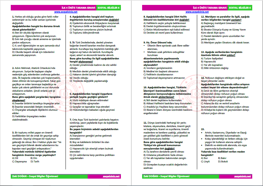 Sosyal Bilgiler 6 İlk 4 Ünite Tarama Sınavı