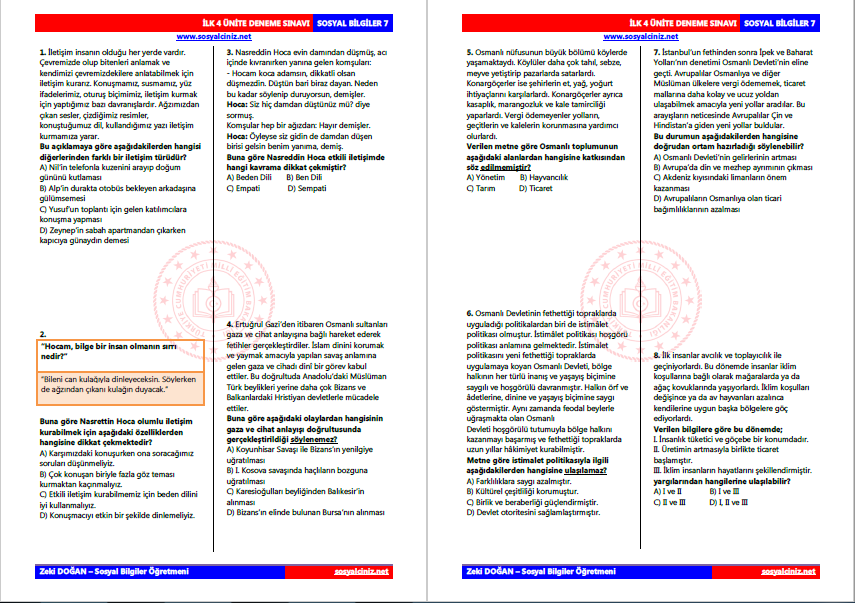 Sosyal Bilgiler 7 İlk 4 Ünite Deneme Sınavı