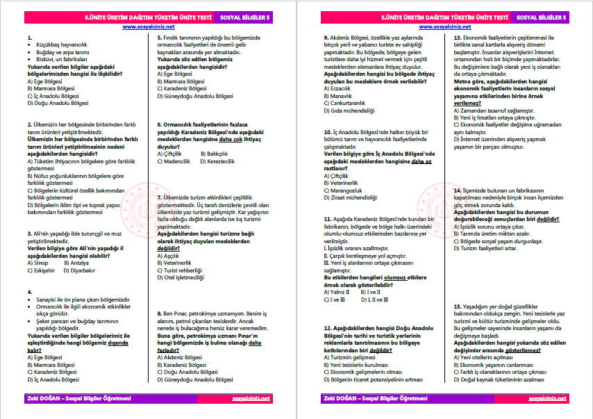 5.Sınıf Sosyal Bilgiler Üretim Dağıtım Tüketim Tarama Testi