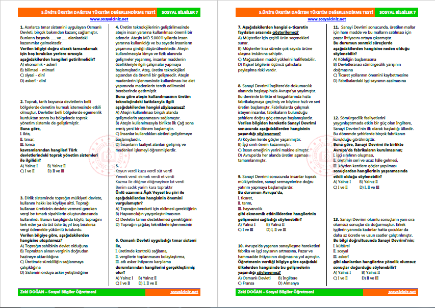 7.Sınıf Sosyal Bilgiler Üretim Dağıtım Tüketim Tarama Testi
