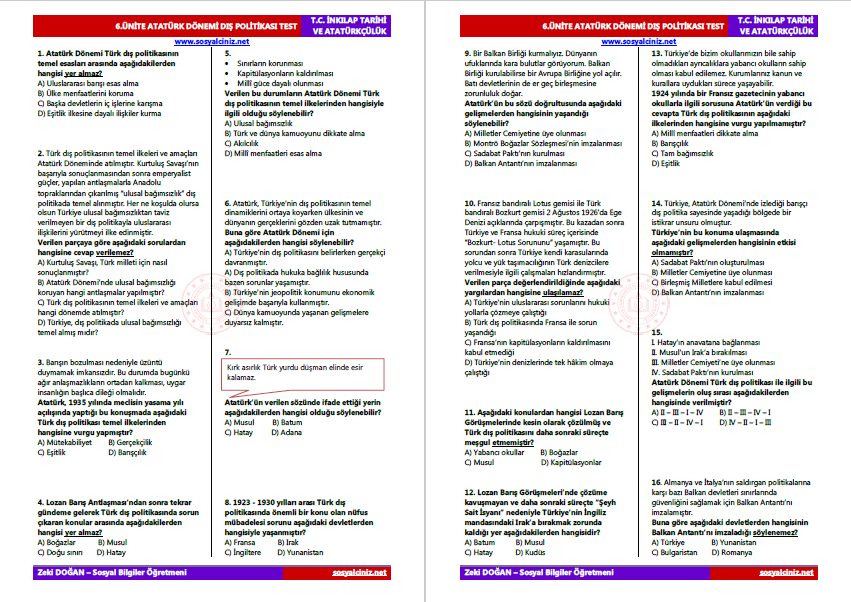 Atatürk Dönemi Türk Dış Politikası Ünite Tarama Testi