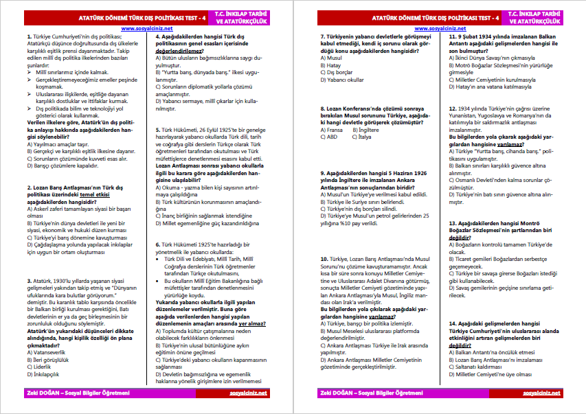 Atatürk Dönemi Türk Dış Politikası Ünite Testi-4