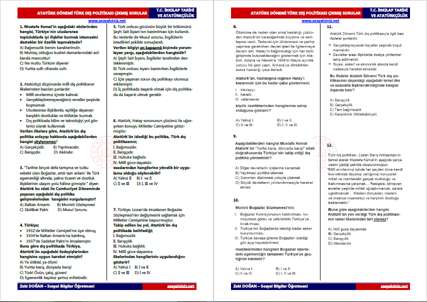 Atatürk Dönemi Türk Dış Politikası Çıkmış Sorular