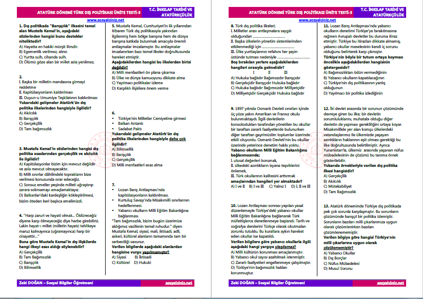 Atatürk Dönemi Türk Dış Politikası Ünite Testi-3