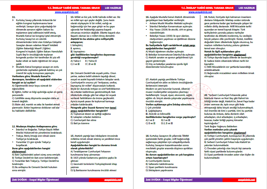 T.C. İnkılap Tarihi İlk 5 Ünite Tarama Testi