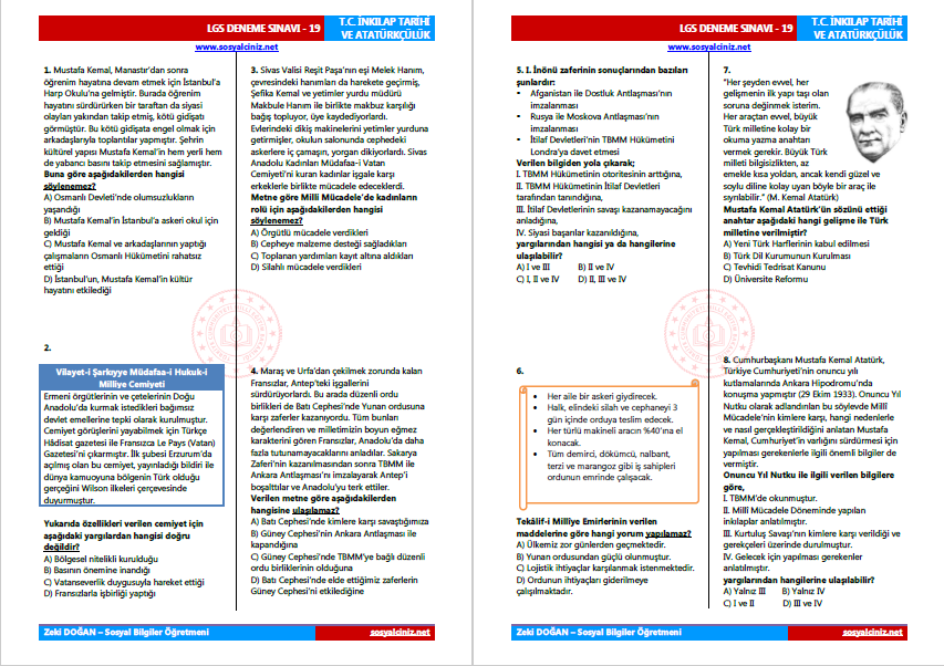 T.C. İnkılap Tarihi LGS Deneme Sınavı-19