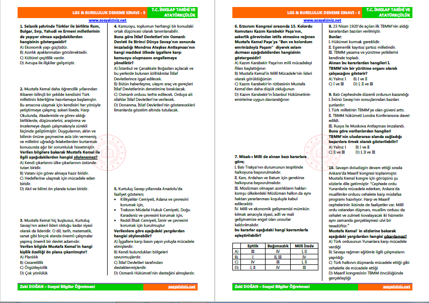 T.C.İnkılap Tarihi LGS & Bursluluk Deneme Sınavı-5