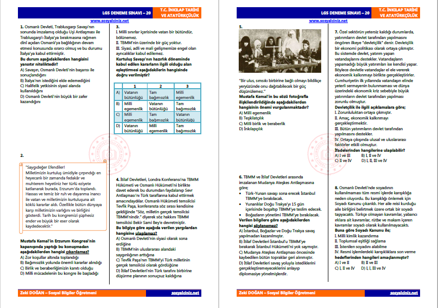 T.C. İnkılap Tarihi LGS Deneme Sınavı-20