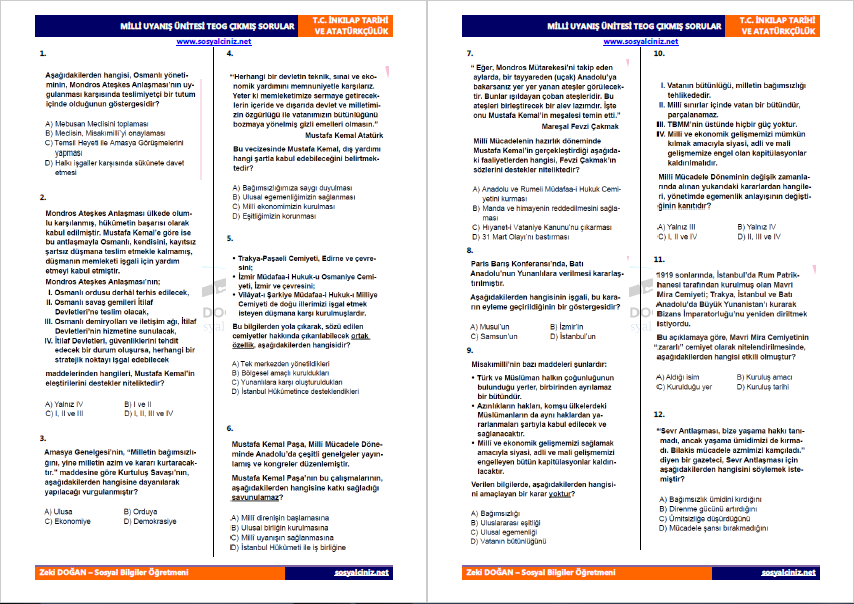 Milli Uyanış Ünitesi TEOG Çıkmış Sorular