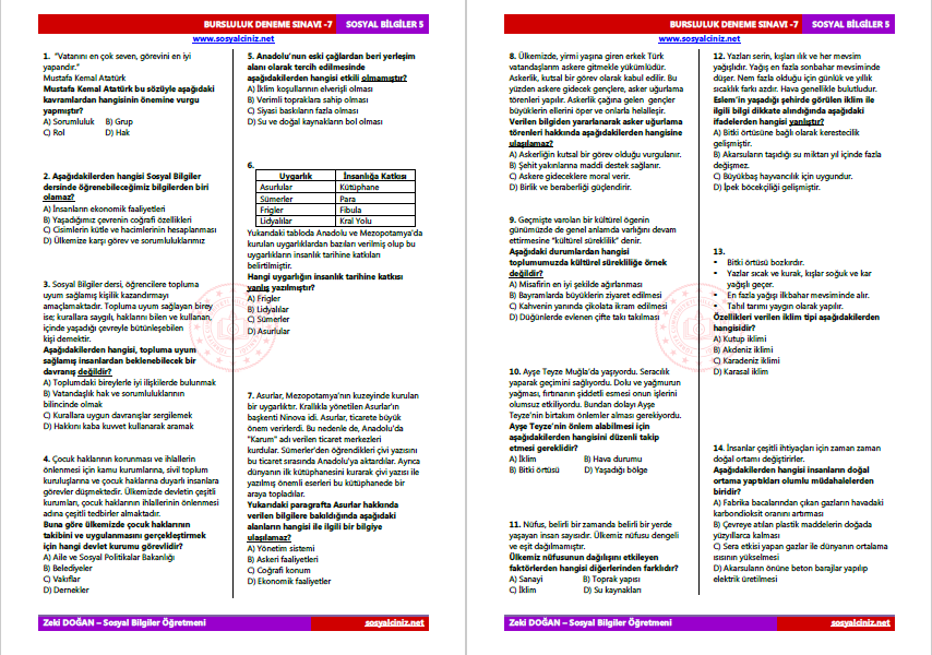 5.Sınıf Sosyal Bilgiler Bursluluk Deneme Sınavı-7