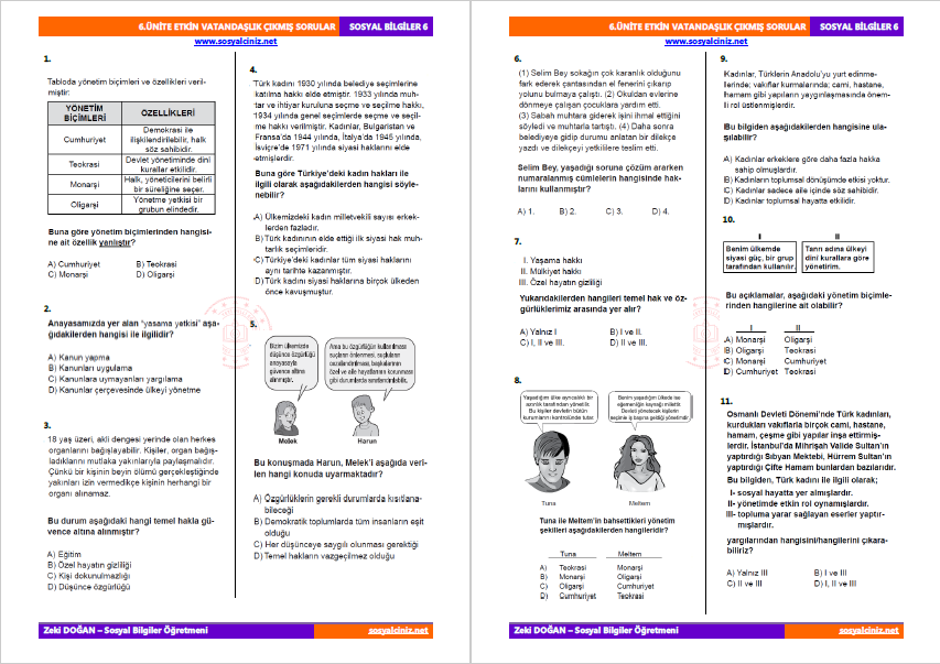 6. Sınıf Sosyal Bilgiler 6. Ünite Bursluluk Çıkmış Sorular