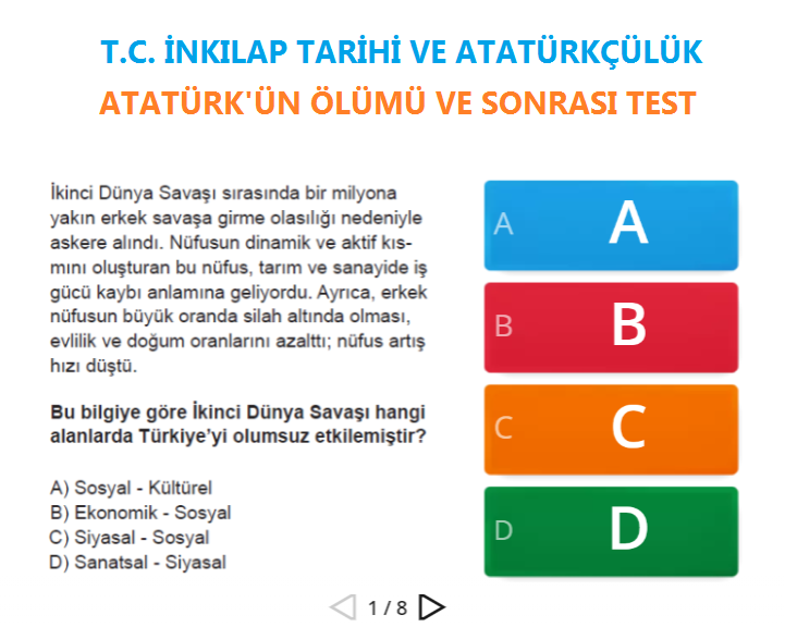 Atatürk’ün Ölümü ve Sonrası Çıkmış Sorular Etkileşimli Test
