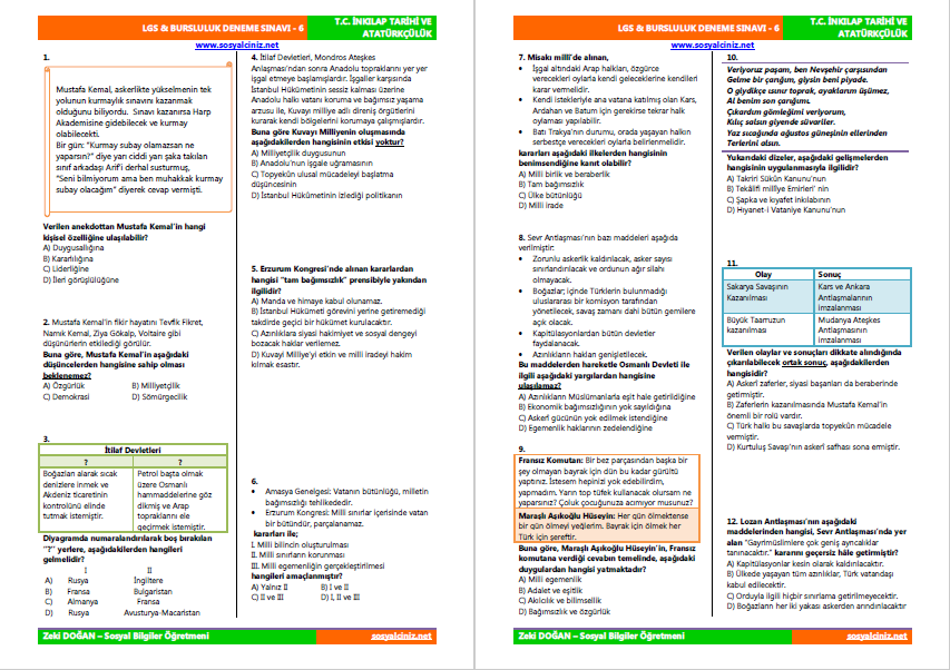 T.C. İnkılap Tarihi LGS & Bursluluk Deneme Sınavı-6