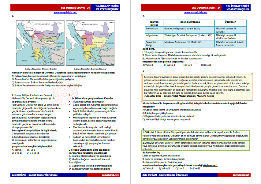 T.C. İnkılap Tarihi LGS Deneme Sınavı-24