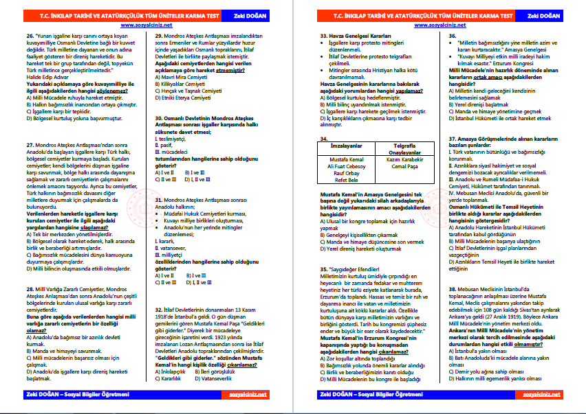 T. C. İnkılap Tarihi Tüm Üniteler Karma Test (135 soru)