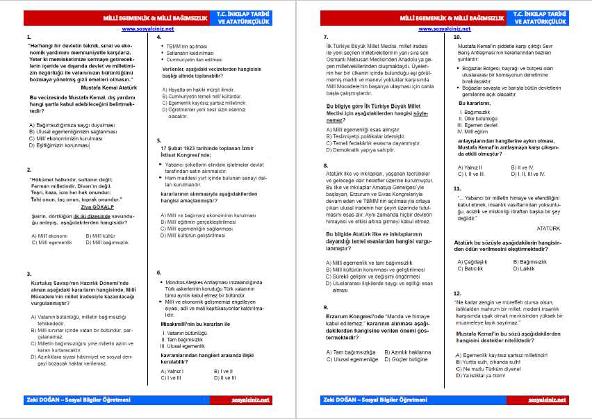 Milli Egemenlik Milli Bağımsızlık Testleri