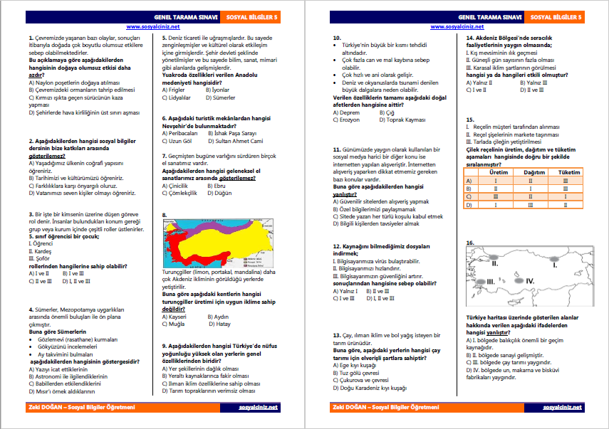 Sosyal Bilgiler 5 Genel Tarama Sınavı
