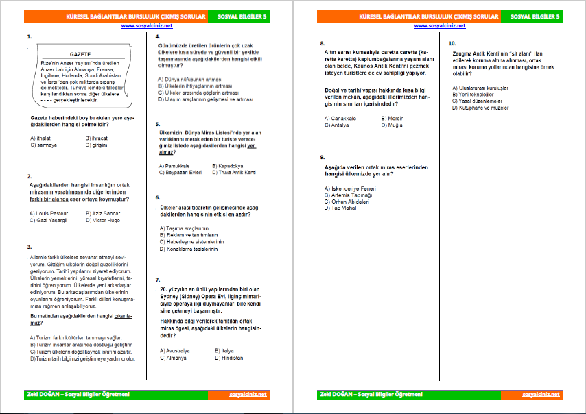 5.Sınıf Sosyal Bilgiler 7.Ünite Bursluluk Çıkmış Sorular