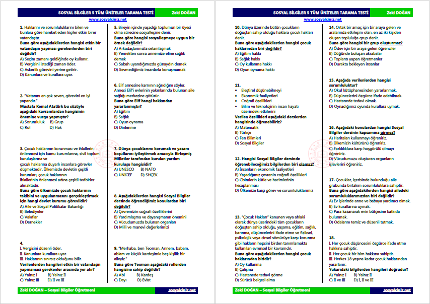 5. Sınıf Sosyal Bilgiler Tüm Üniteler Tarama Testi 115 soru