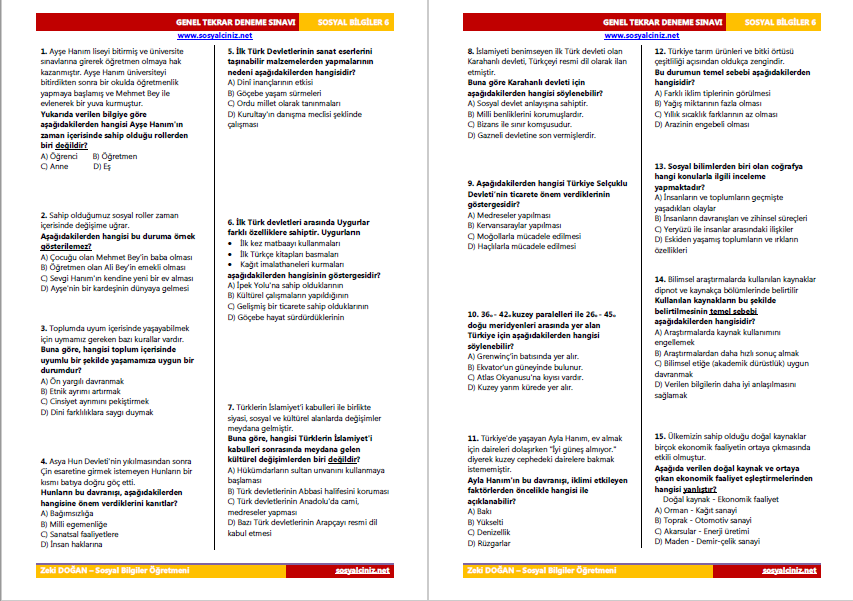 Sosyal Bilgiler 6 Genel Tekrar Deneme Sınavı