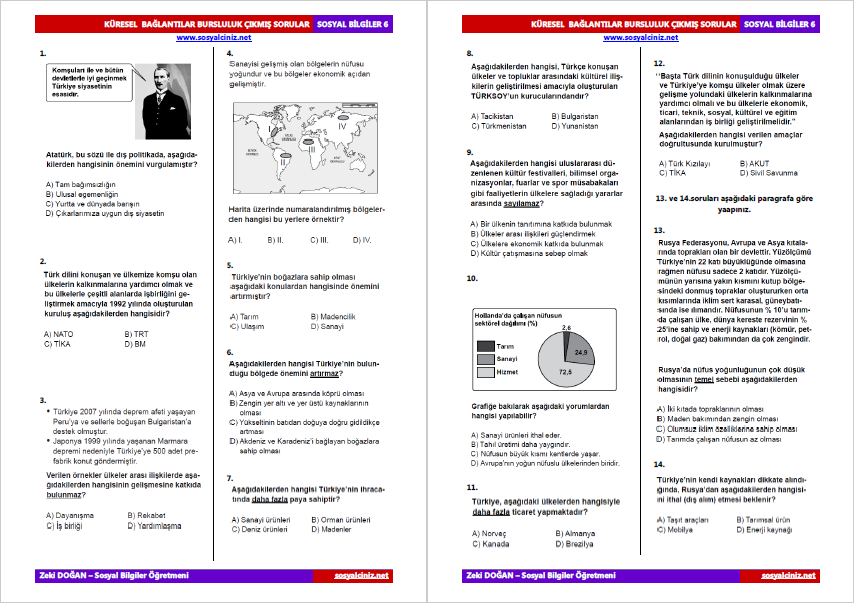 6.Sınıf Sosyal Bilgiler 7.Ünite Bursluluk Çıkmış Sorular